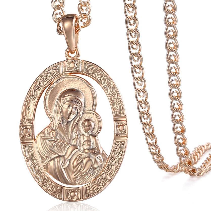 0 main virgin mary pendant 585 rose gold necklace for women men prayer jesus charm snail link chain 50cm wholesale jewelry gifts gp194
