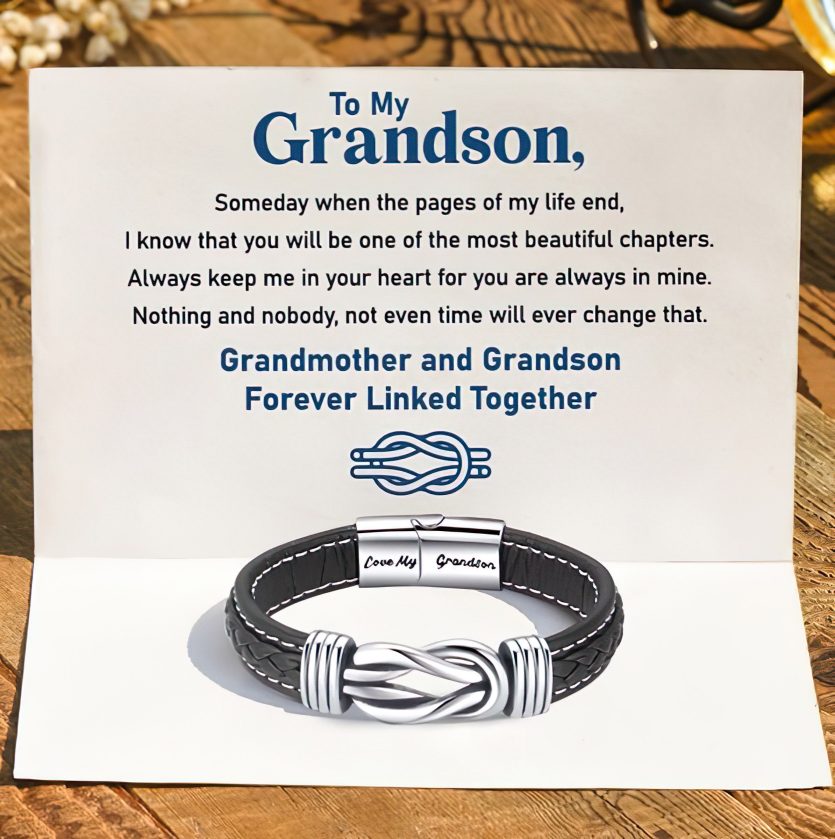 "Grandmother and Grandson Forever Linked Together" Leather Bracelet - Image 2