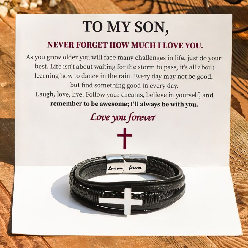 To My Son | Cross Braided Leather Bracelet - Image 2