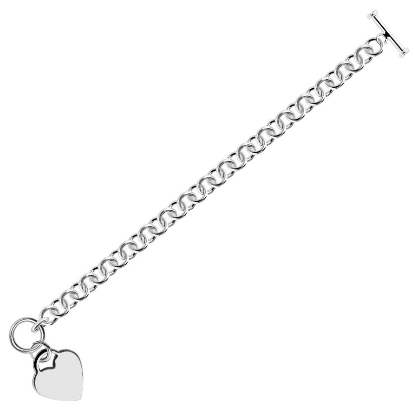 Sterling Silver Rhodium Plated Rolo Style Heart Charmed Chain Bracelet(7.95 mm) - Image 1
