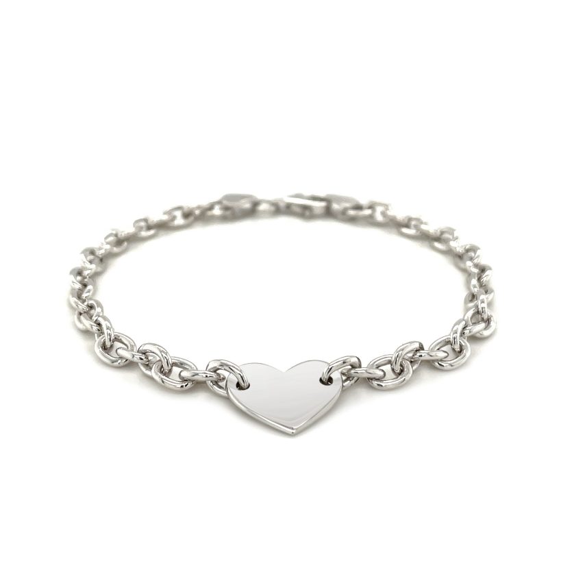 Sterling Silver Rhodium Plated Chain Bracelet with a Flat Heart Station(5.00 mm) - Image 2