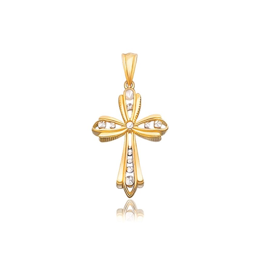14k Two-Tone Gold Fancy Cross Pendant with Diamond Cuts - Image 1