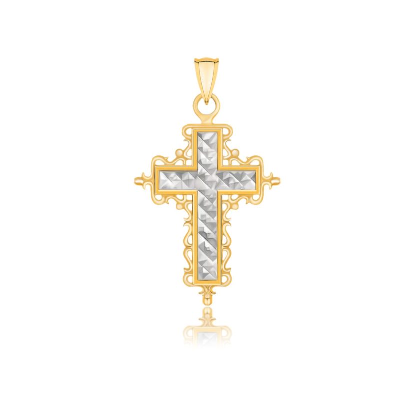 14k Two-Tone Gold Diamond Cut and Baroque Inspired Cross Pendant - Image 1