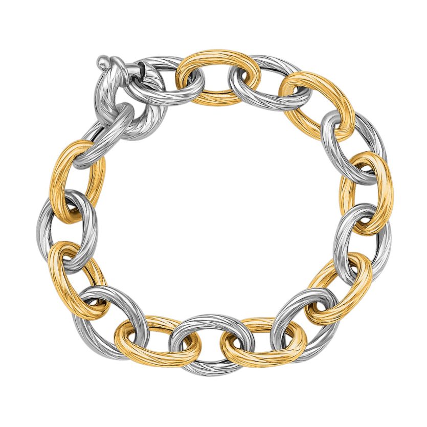 18k Yellow Gold and Sterling Silver Rhodium Plated Diamond Cut Chain Bracelet - Image 1