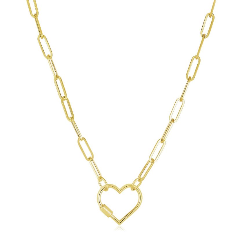 14k Yellow Gold Paperclip Chain Necklace with Heart Carabiner Clasp - Image 1