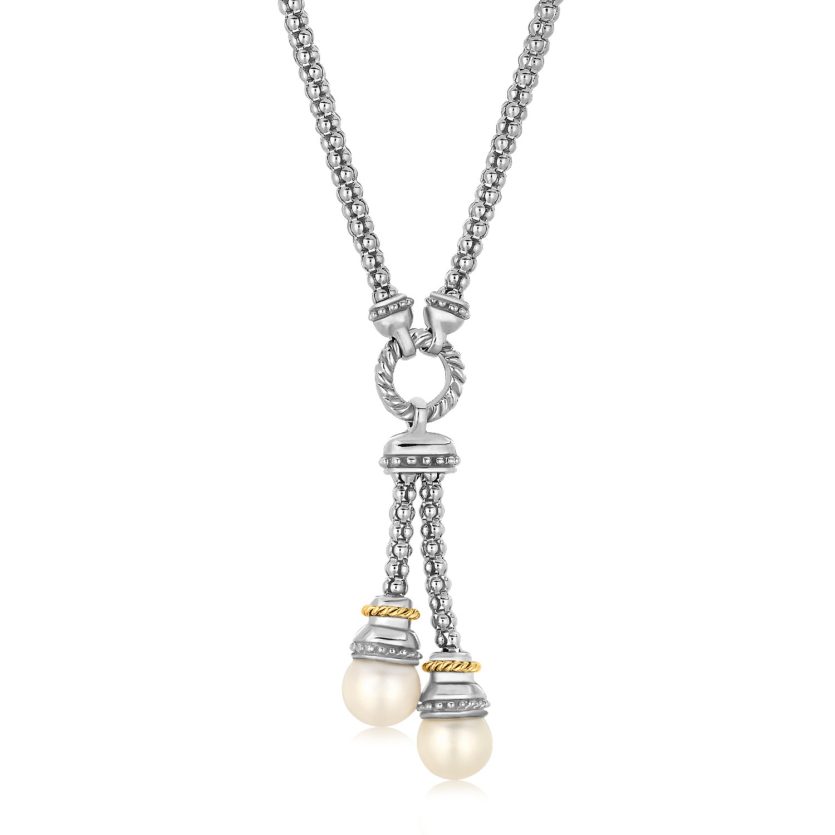 18k Yellow Gold and Sterling Silver Popcorn Style Necklace with Pearl Accents - Image 1