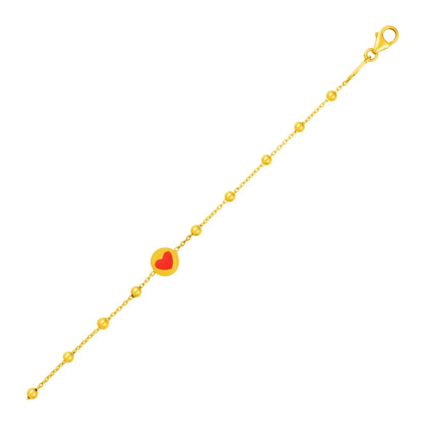 14k Yellow Gold Childrens Bracelet with Beads and Enameled Heart - Image 1