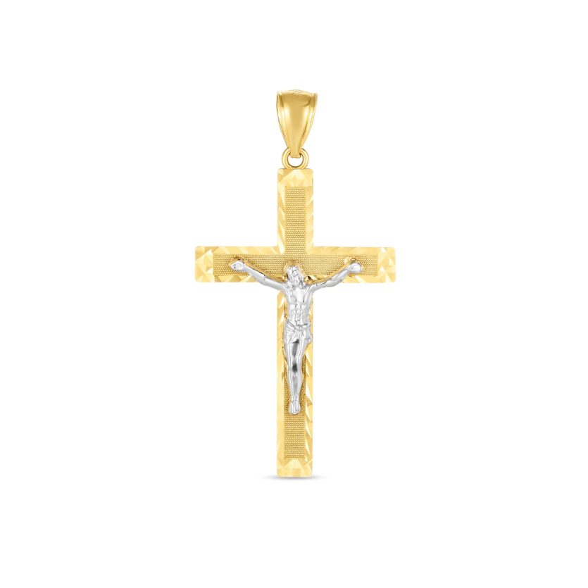 14k Two Tone Gold High Polish Diamond Cut Cross Pendant - Image 1