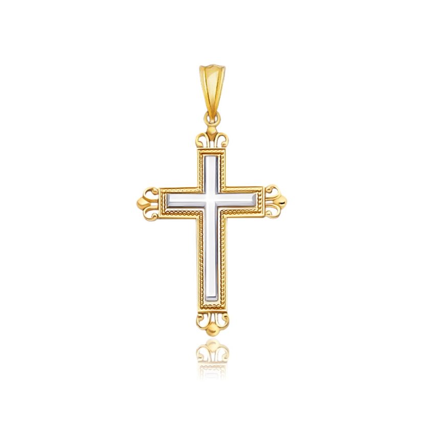 14k Two-Tone Gold Cross Pendant with an Ornate Budded Style - Image 1