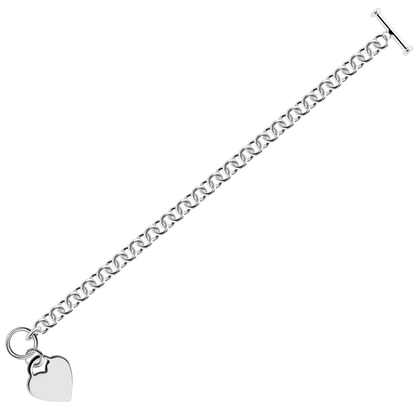 Sterling Silver Rhodium Plated Rolo Chain Bracelet with a Heart Charm (6.00 mm) - Image 1