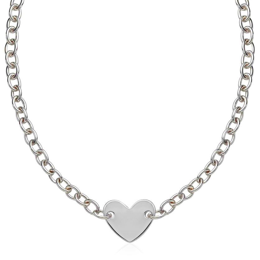 Sterling Silver Rhodium Plated Chain Bracelet with a Flat Heart Motif Station - Image 1