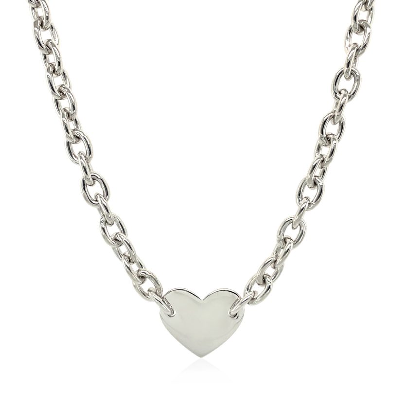 Sterling Silver Rhodium Plated Chain Bracelet with a Flat Heart Motif Station - Image 2