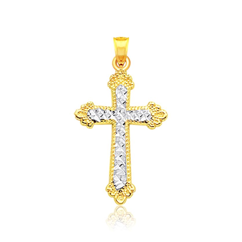 14k Two Tone Gold Diamond Cut Cross Pendant - Image 1