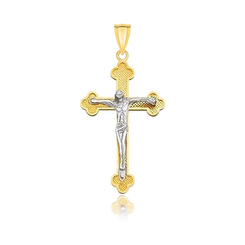 14k Two-Tone Gold Small Budded Style Cross with Figure Pendant - Image 1