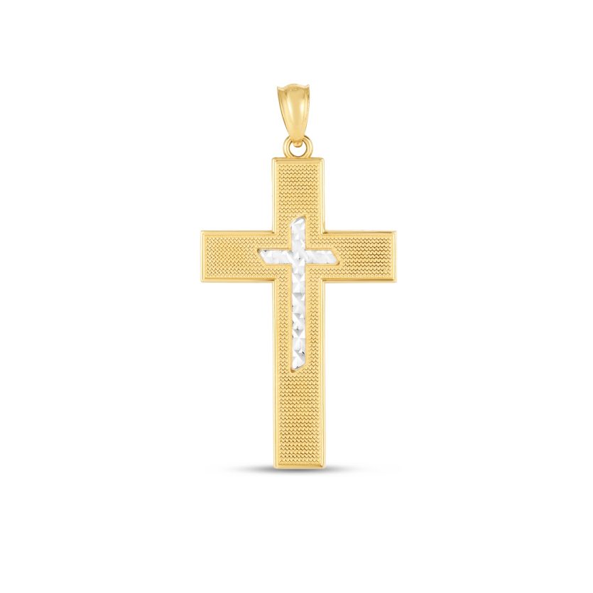 14k Two Tone Gold High Polish Diamond Cut Cross Pendant - Image 1