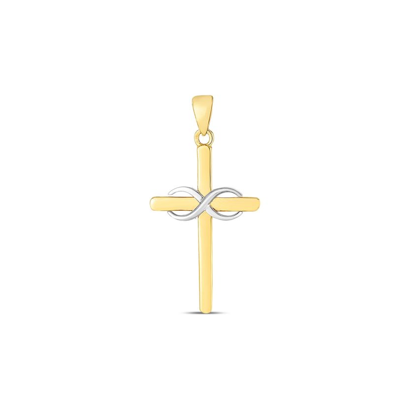 14k Two Tone Gold High Polish Diamond Cut Cross Pendant - Image 1