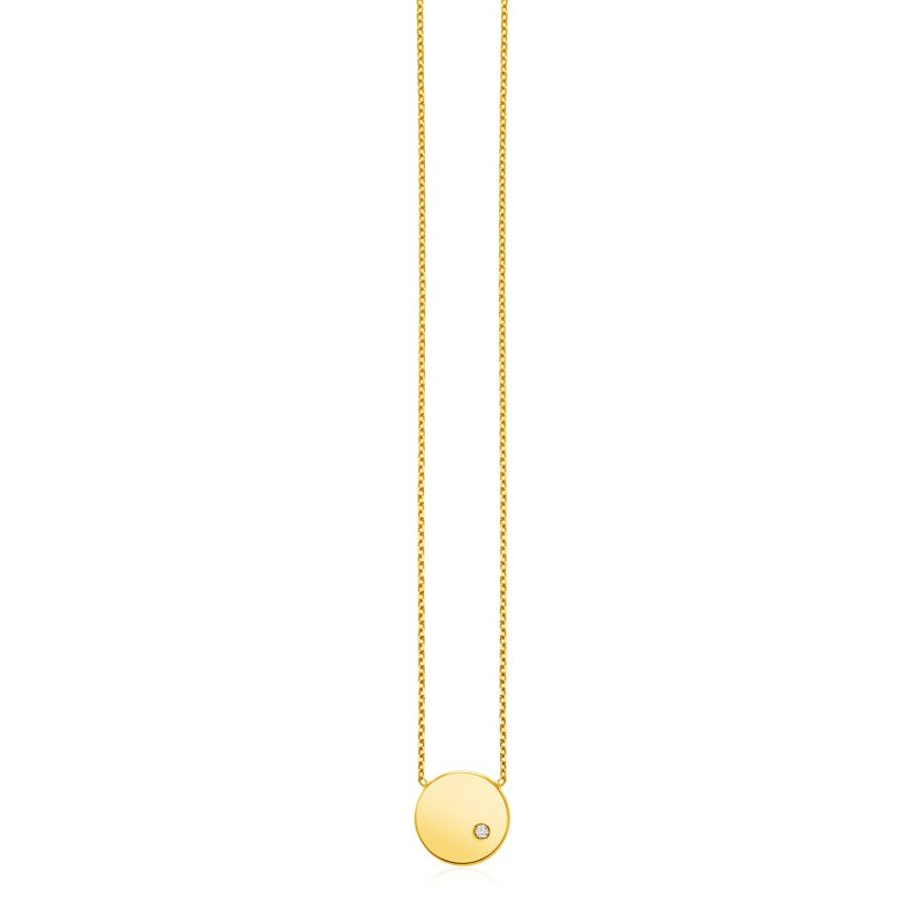 14k Yellow Gold Necklace with Polished Round Pendant with Diamond - Image 1