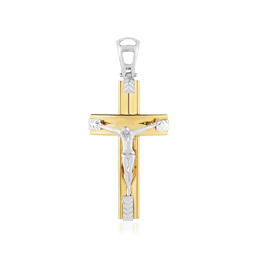 14k Two Tone Gold High Polish Diamond Cut Cross Pendant - Image 1