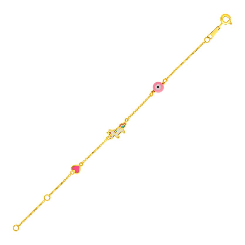 14k Yellow Gold Childrens Bracelet with Enameled Heart Unicorn and Circle - Image 1