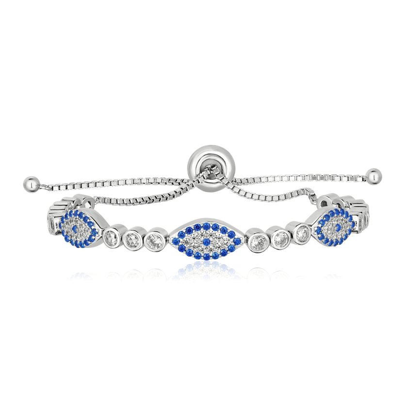 Sterling Silver Adjustable Enameled Evil Eye Bracelet with Cubic Zirconias - Image 1