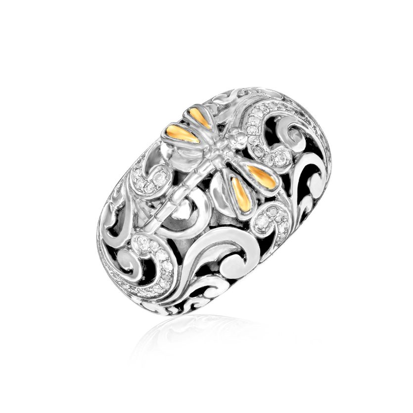 18k Yellow Gold & Sterling Silver Dragonfly Ring with Diamonds - Image 1