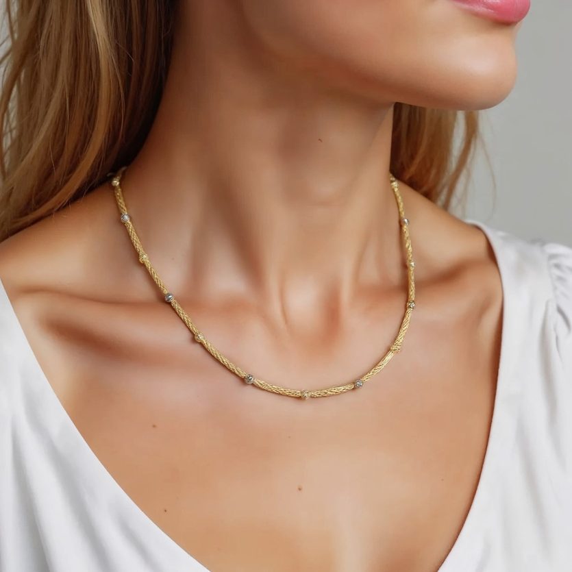 Two Tone Bar and Bead Necklace in 14K Gold - Image 3