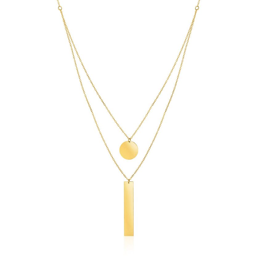 14k Yellow Gold 18 inch Two Strand Necklace with Circle and Bar Pendants - Image 1