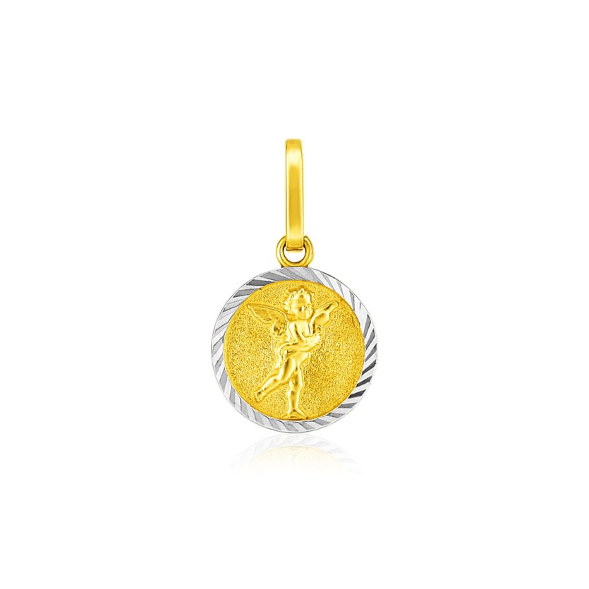 14k Two Tone Gold Small Round Textured Religious Medal Pendant - Image 1