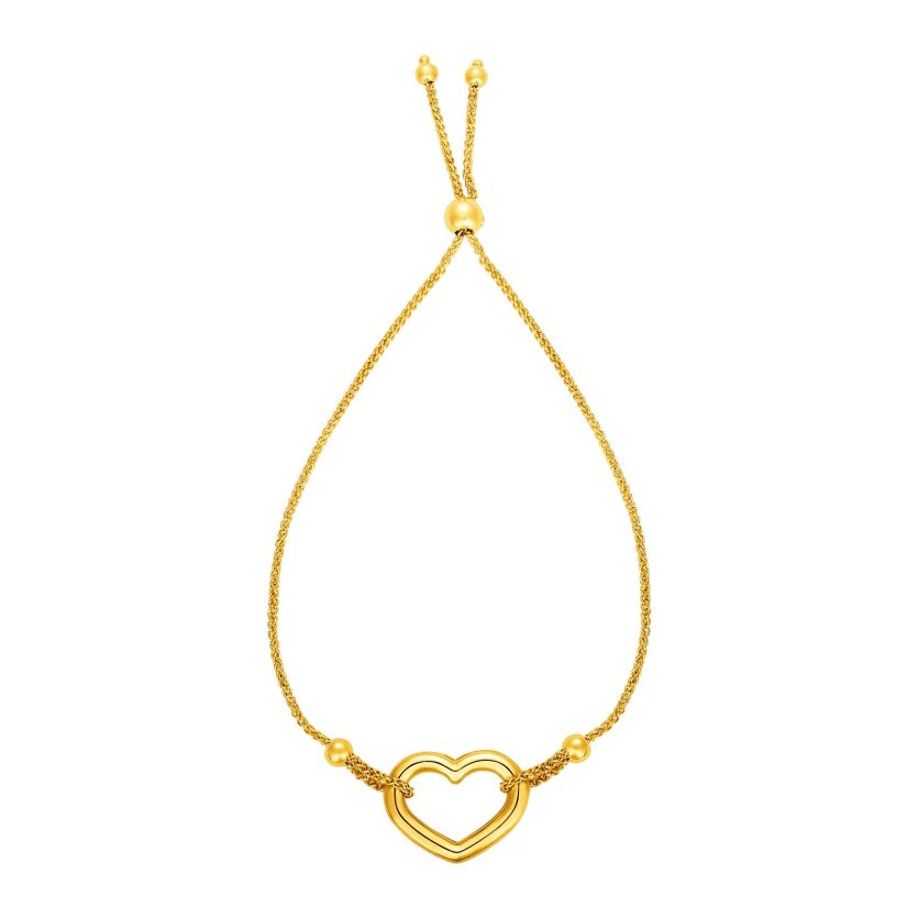 Adjustable Bracelet with Shiny Open Heart in 14k Yellow Gold (1.00 mm) - Image 1