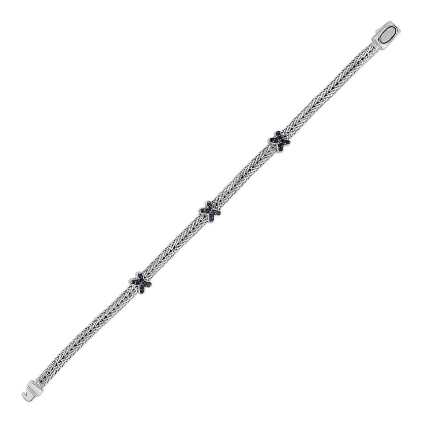 Woven Rope Bracelet with Black Sapphire X Accents in Sterling Silver - Image 1