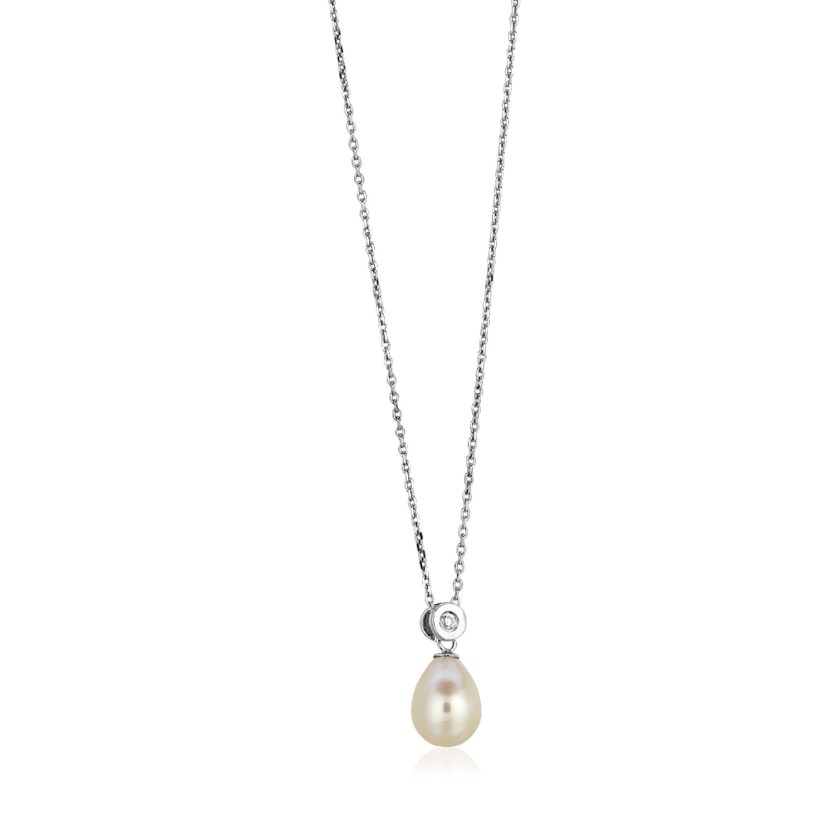 Sterling Silver Necklace with Pear Shaped Pearl and Cubic Zirconias - Image 1