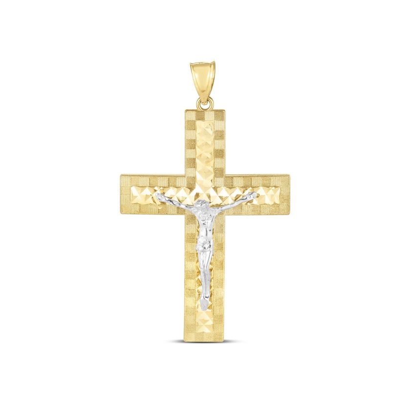 14k Two Tone Gold High Polish Diamond Cut Cross Pendant - Image 1