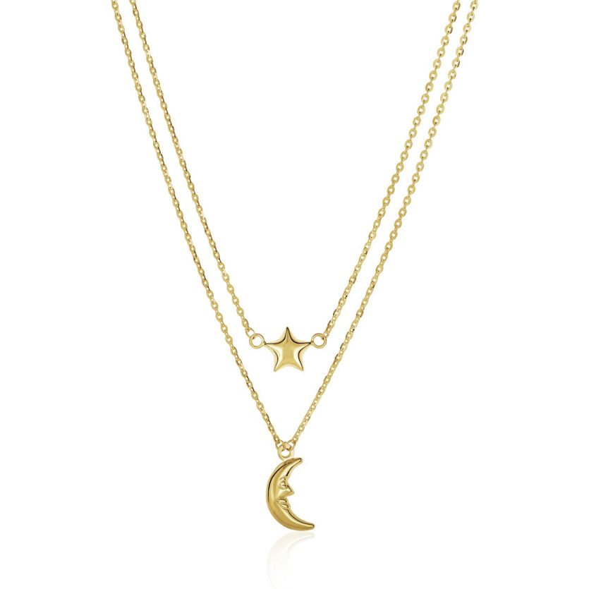 14k Yellow Gold Double-Strand Chain Necklace with Puff Moon and Star - Image 1