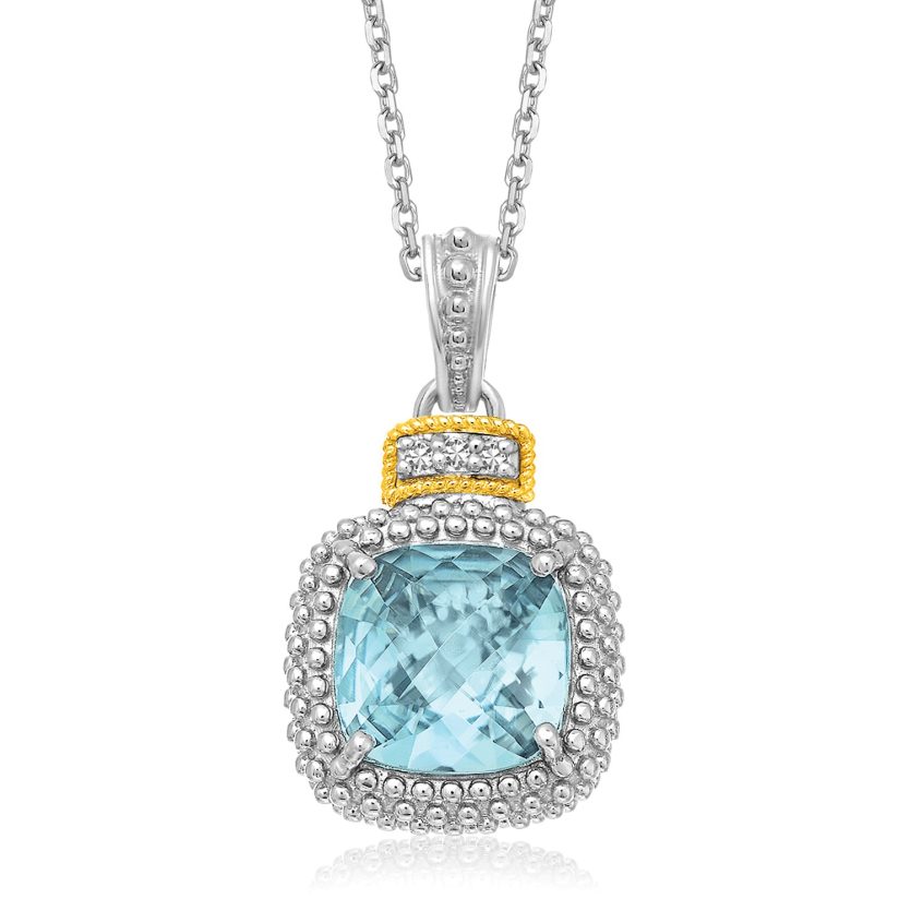 18k Yellow Gold & Sterling Silver Popcorn Sky Blue Topaz and Diamond Pendant - Image 1