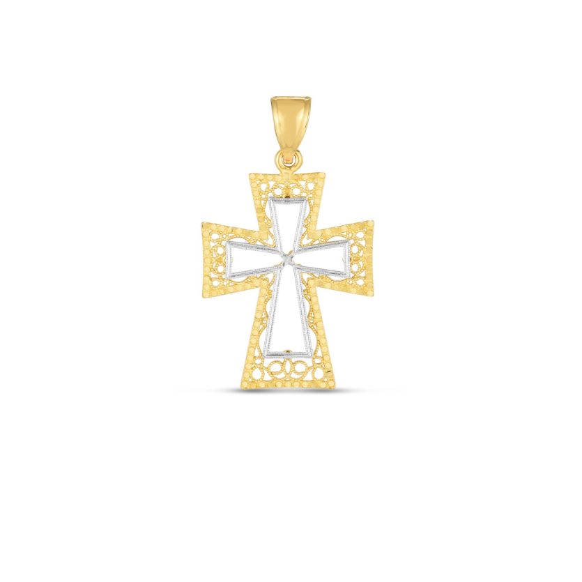 14k Two Tone Gold High Polish Diamond Cut Cross Pendant - Image 1