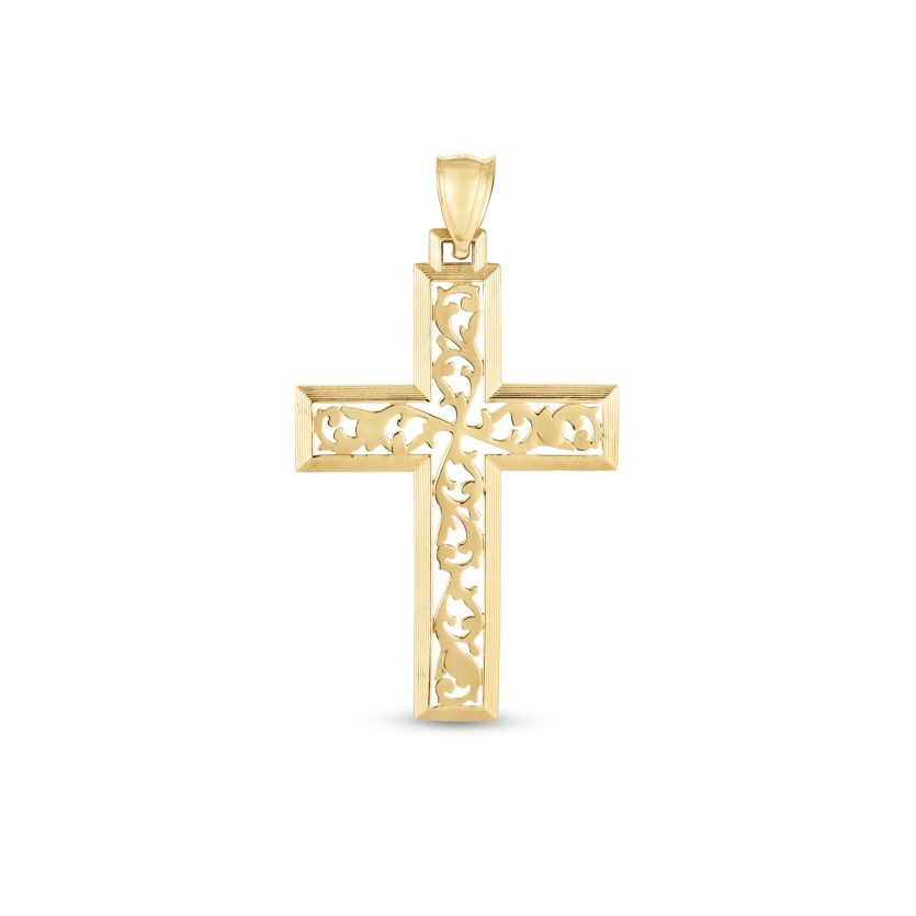 14k Yellow Gold High Polish Vine Cross Pendant - Image 1