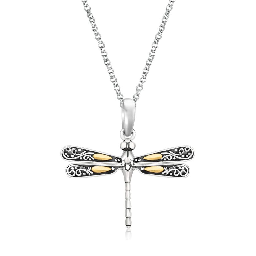 18k Yellow Gold and Sterling Silver Pendant in a Dragonfly Design - Image 1