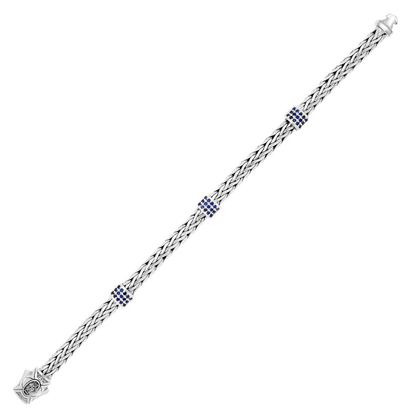 Sterling Silver Woven Bracelet with Blue Sapphire Stations (6.35 mm) - Image 1