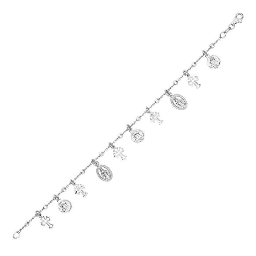 Sterling Silver 7 1/4 inch Bracelet with Crosses and Religious Medal Charms - Image 1