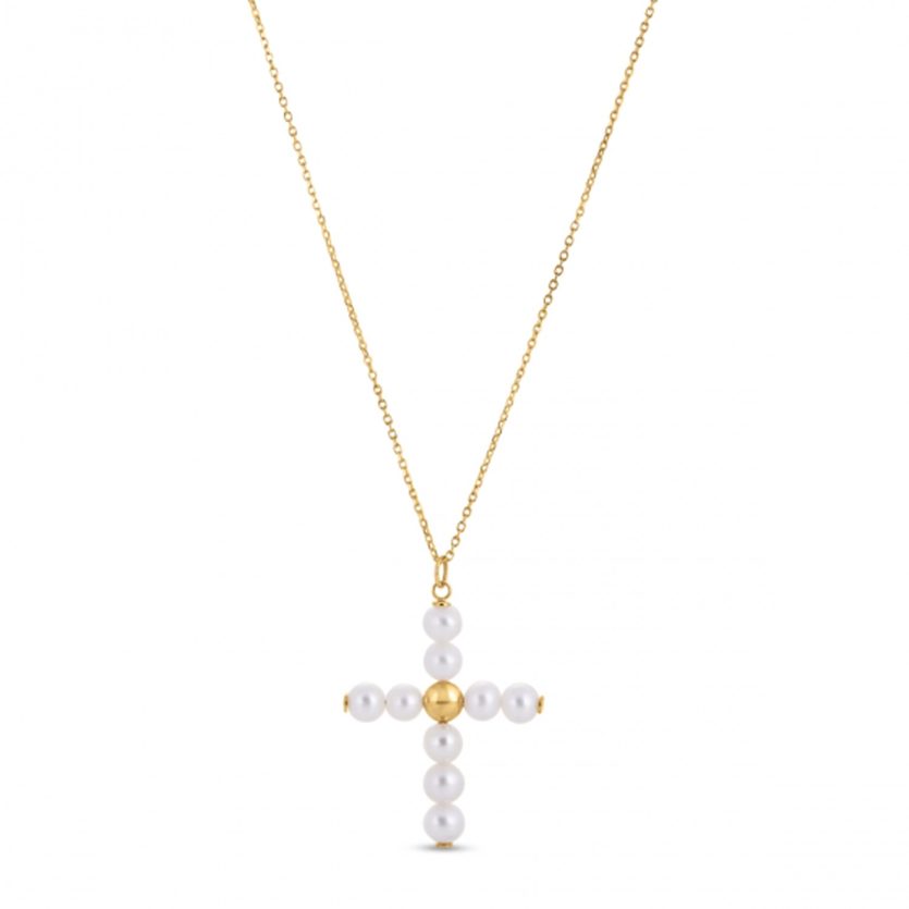 14k Yellow Gold Pearl Cross Pendant - Image 1