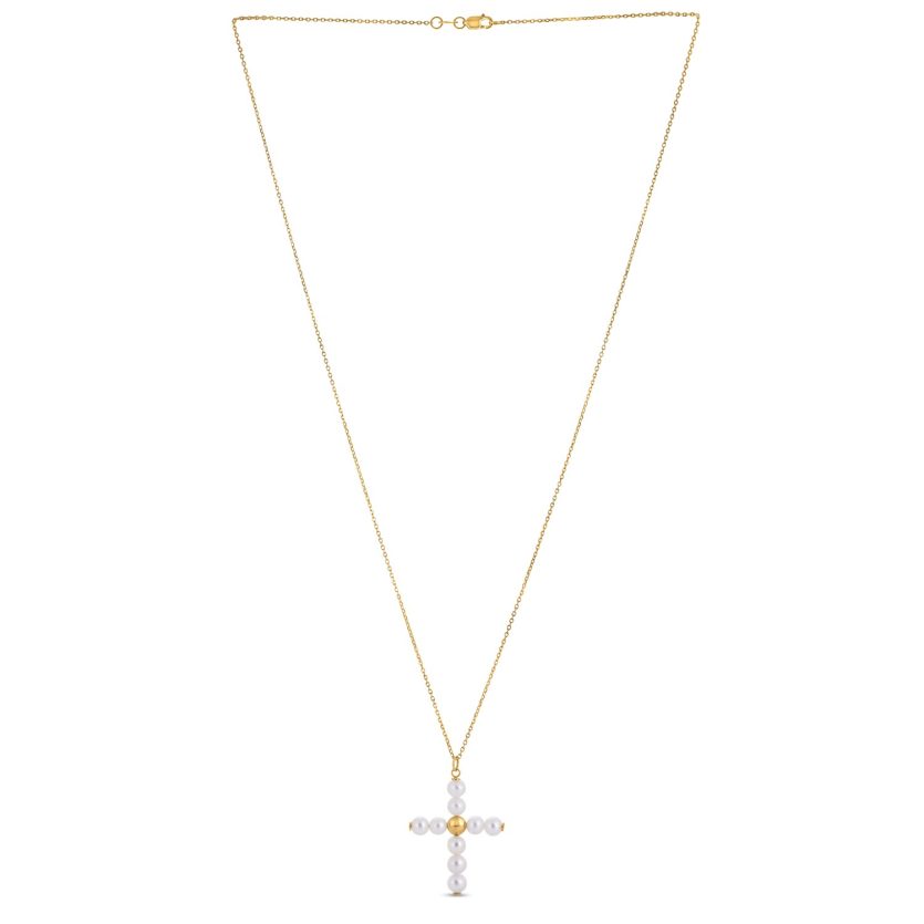 14k Yellow Gold Pearl Cross Pendant - Image 2