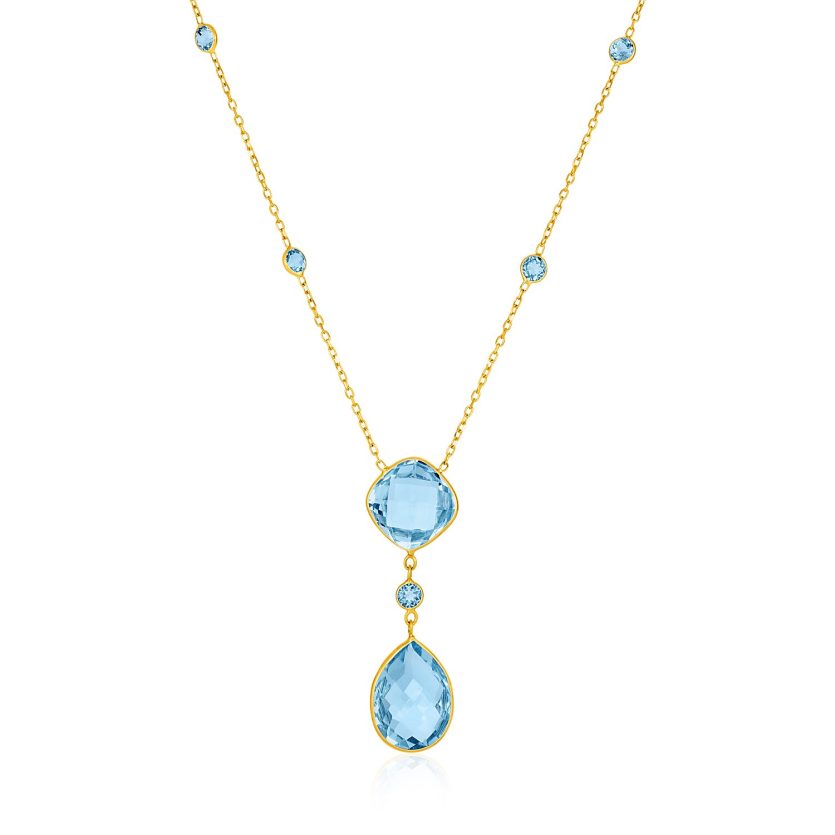 14k Yellow Gold Necklace with Pear-Shaped and Cushion Blue Topaz Briolettes - Image 1