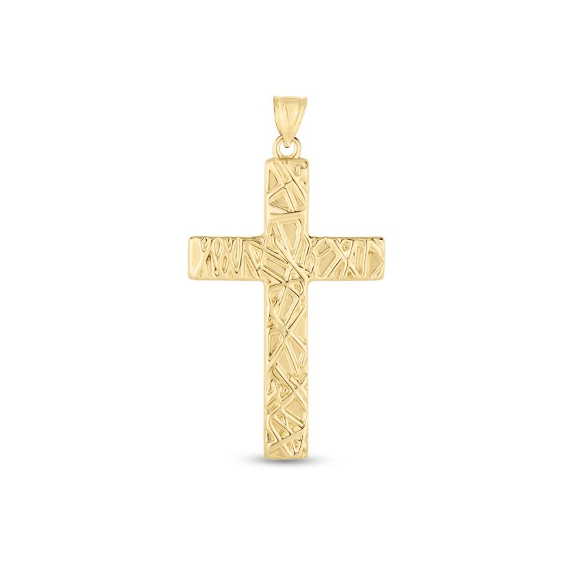 14k Yellow Gold High Polish Textured Cross Pendant - Image 1