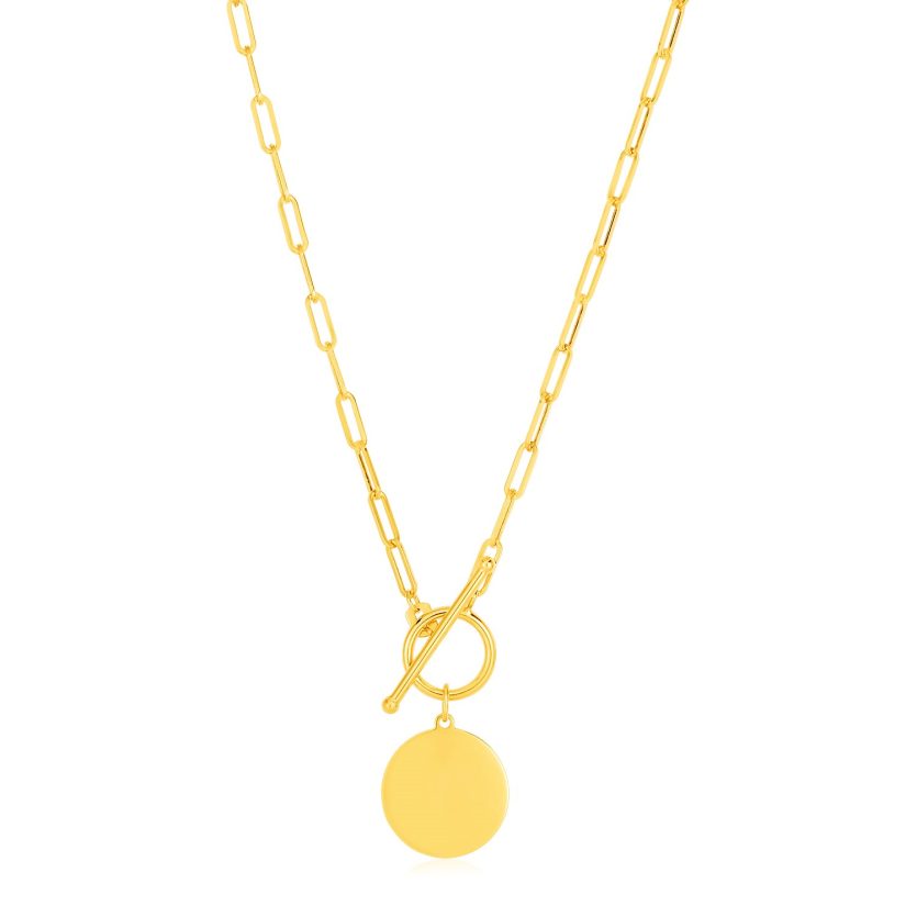 14k Yellow Gold Paperclip Chain Necklace with Circle Pendant - Image 1
