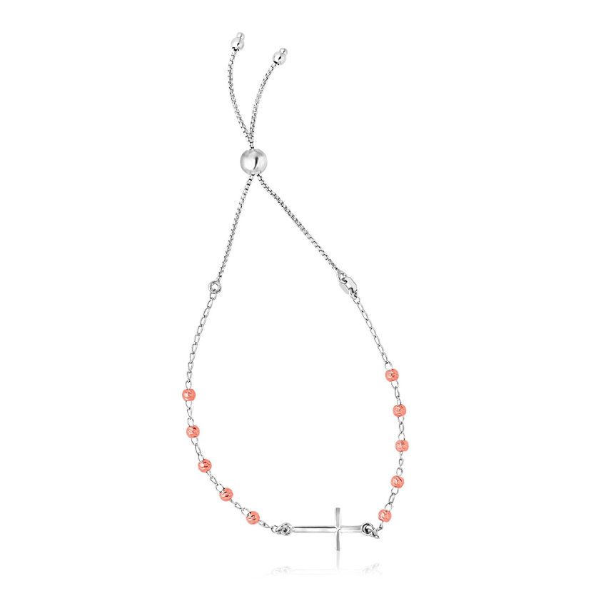 Sterling Silver White and Rose Finish Adjustable Bracelet with Cross (1.20 mm) - Image 1