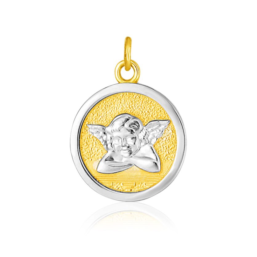 14k Two Tone Gold Round Angel Medal Pendant - Image 1