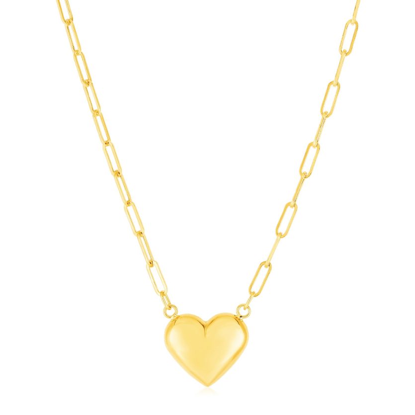 14k Yellow Gold Paperclip Chain Necklace with Puffed Heart - Image 1