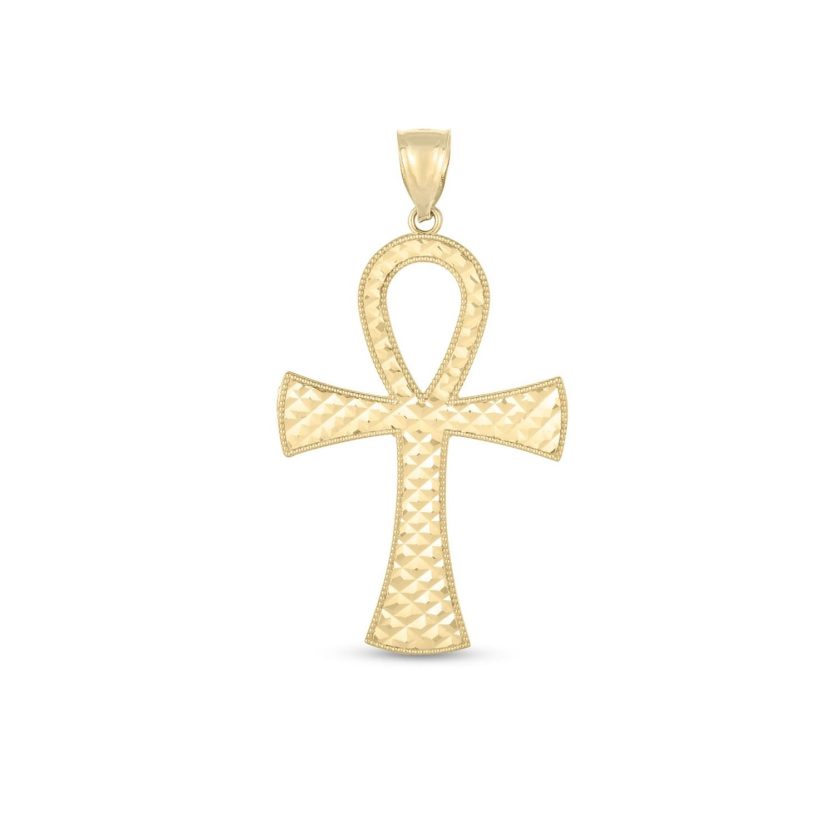 14k Yellow Gold High Polish Textured Ankh Pendant - Image 1