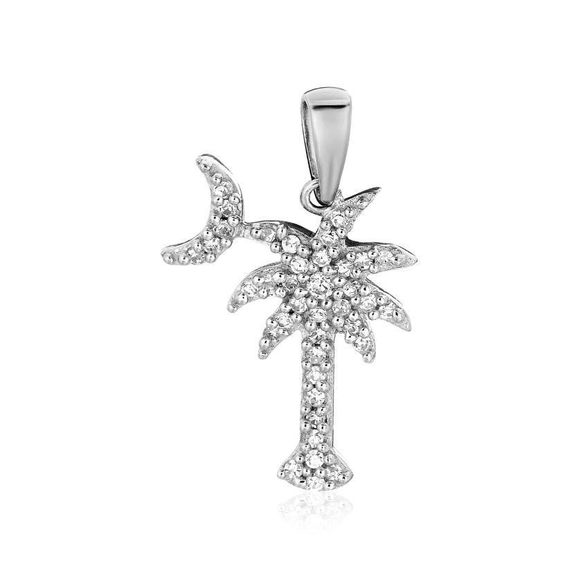 Sterling Silver Palm Tree and Crescent Moon Pendant with Cubic Zirconias - Image 1