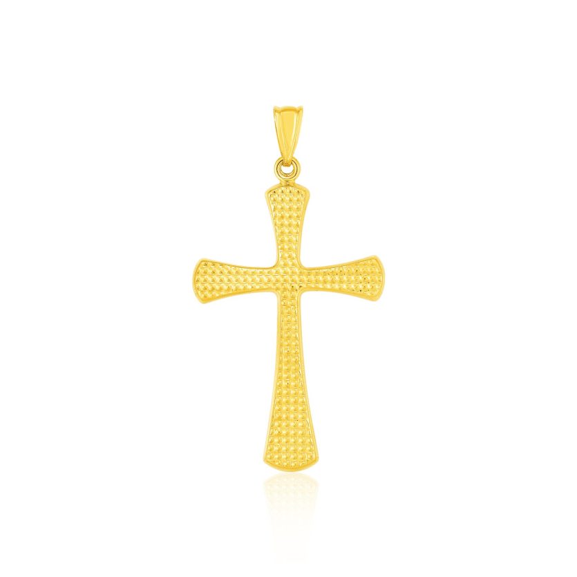 14k Yellow Gold Cross Pendant with Beaded Texture - Image 1